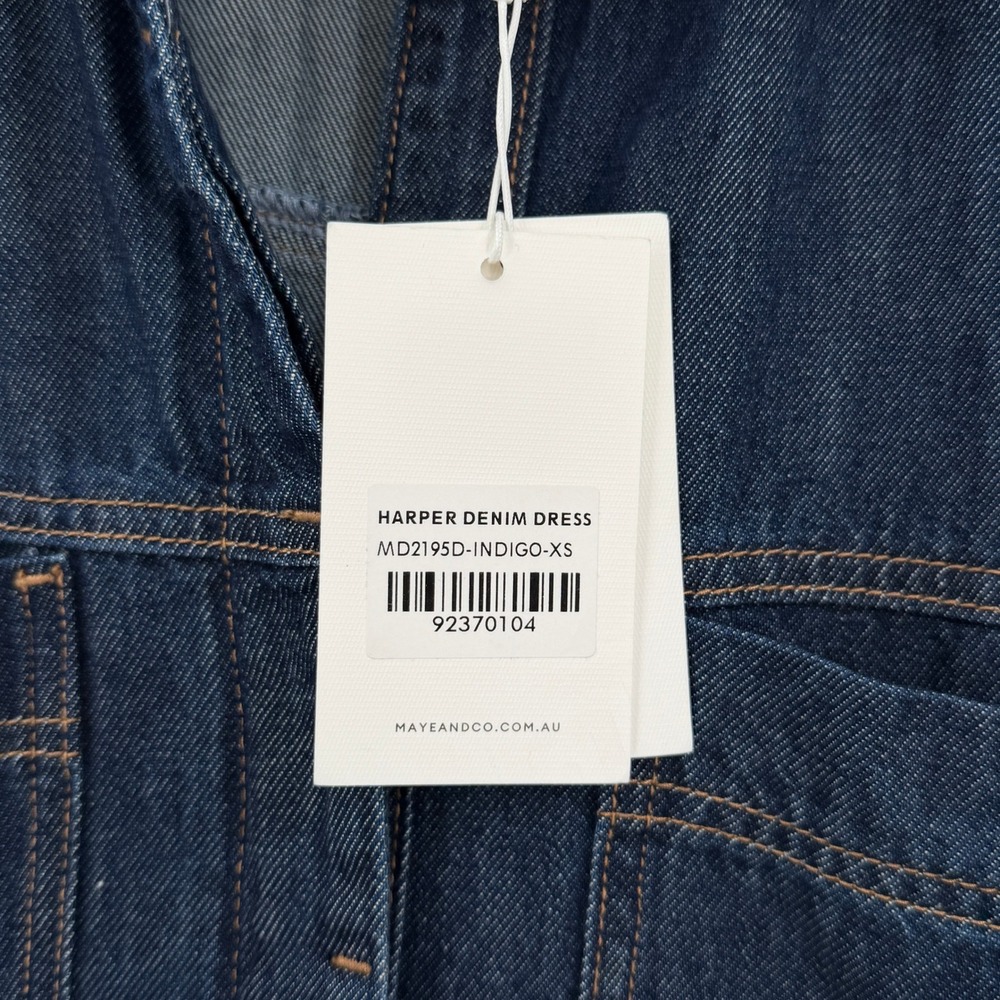 MAYE Harper Denim Dress Women XS Indigo Blue Button Front Midi Short Sleeve NEW - Picture 14 of 16